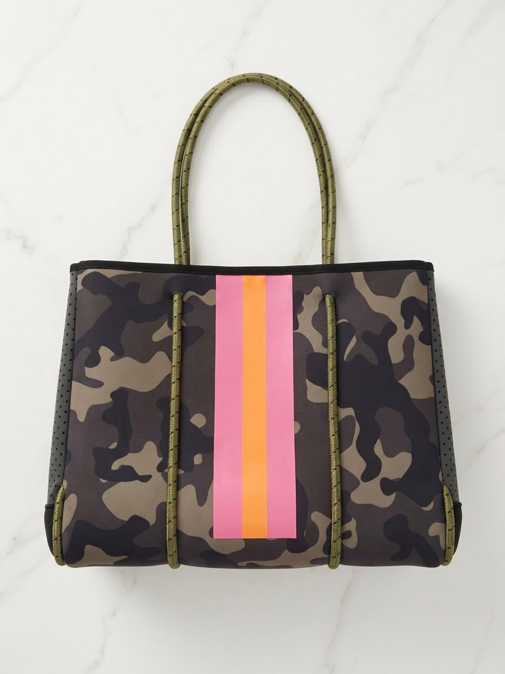 Parker & Hyde neoprene tote bag camo pink orange racing stripe - AS IS